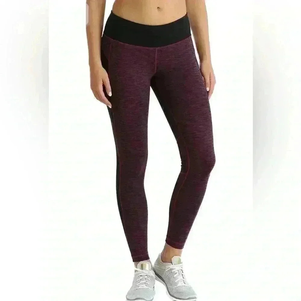 Women’s Mid-Rise Workout Leggings – Burgundy Yoga Pants with Black Waistband